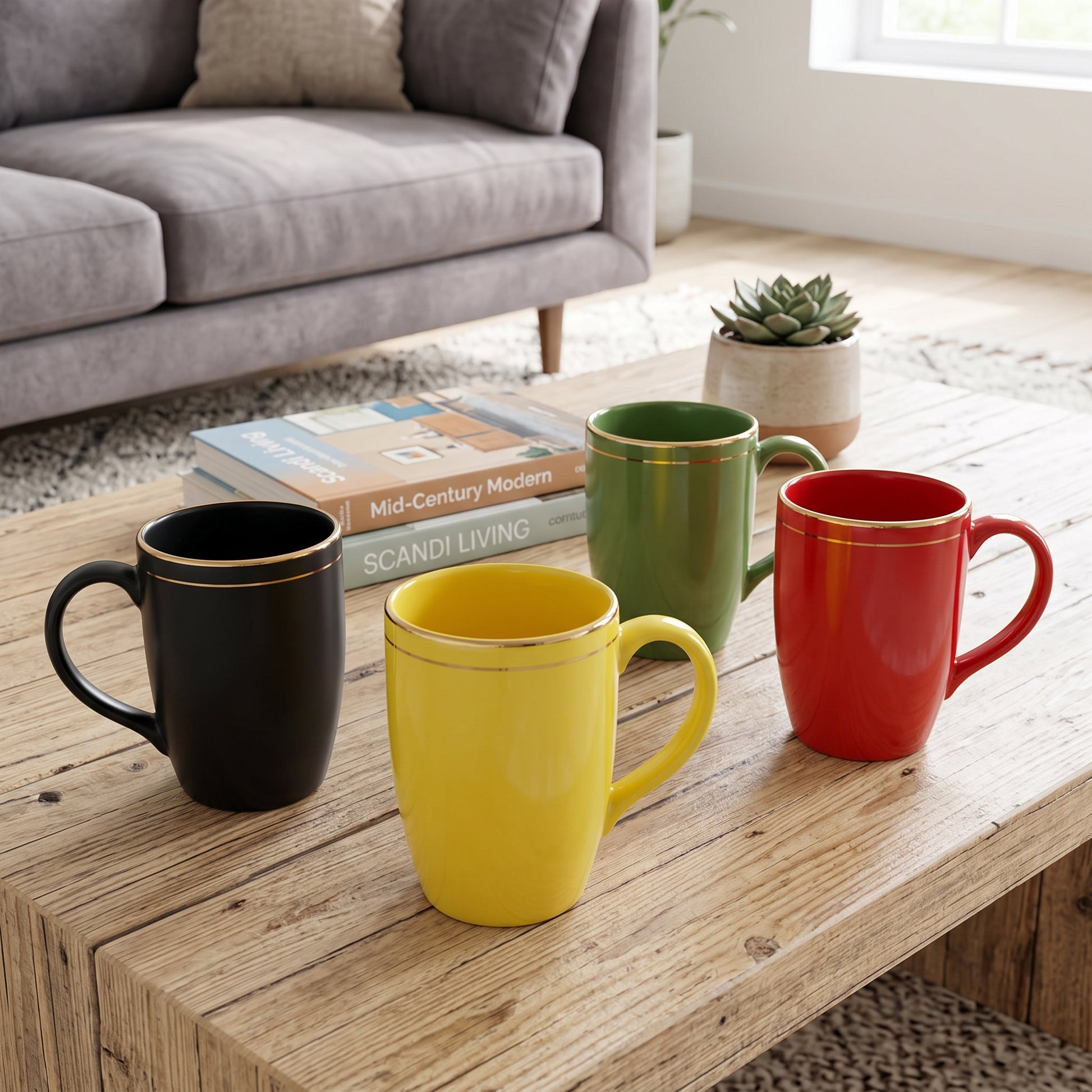 Four ceramic mugs in black, yellow, green, and red with gold trim, arranged on a wooden coffee table in a living room setting.