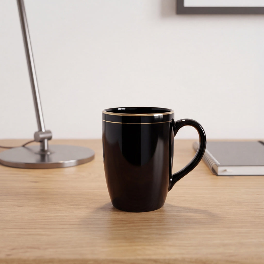 A glossy black ceramic mug with a thin gold accent line near the rim, sitting on a light wood desk next to a silver desk lamp and a notebook.