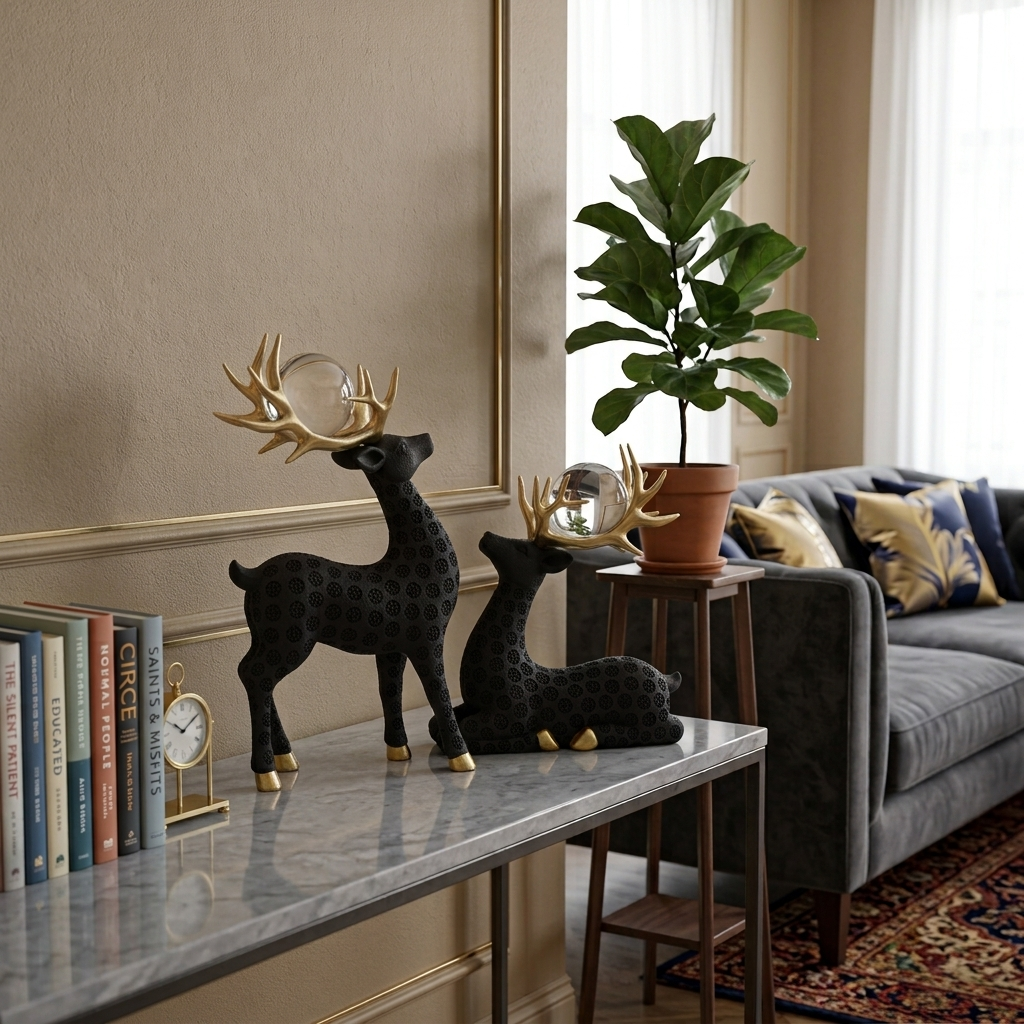 Deer Couple with Crystal Glass Crown – Black