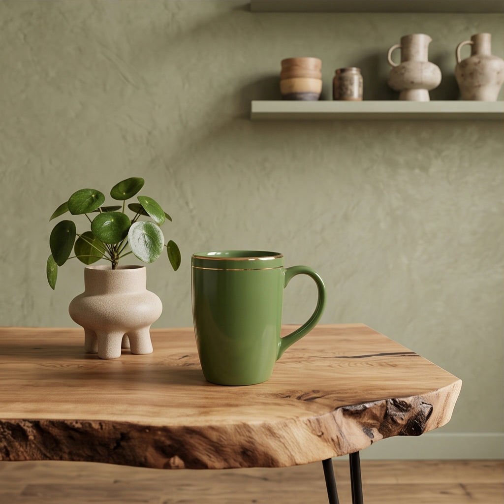 An olive green ceramic mug with a gold rim sits on a rustic live-edge wooden table next to a small potted plant in a beige ceramic pot, set against a textured sage green wall with a shelf of pottery in the background.
