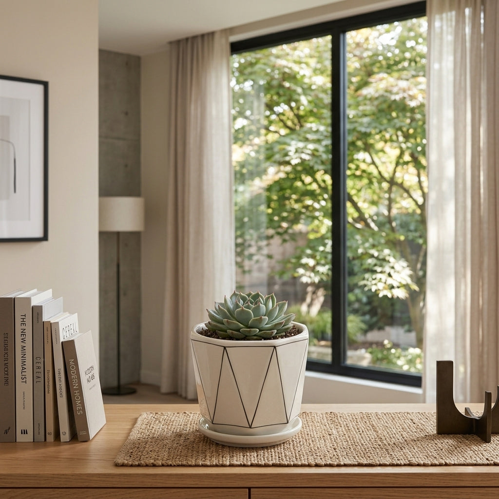 A small succulent in a white geometric planter sits on a woven placemat on a wooden table in a modern room, with a large window showing green trees outside.