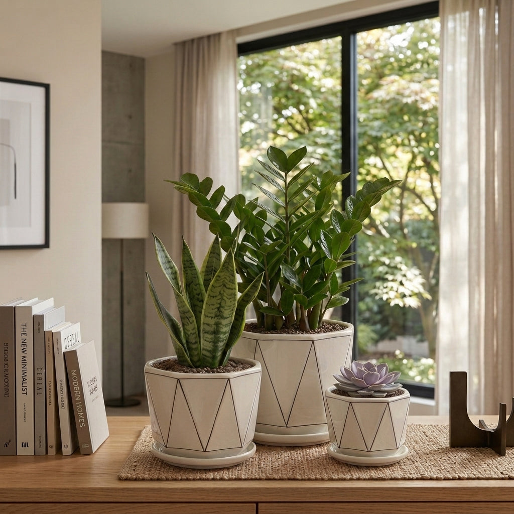 Three potted houseplants in cream-colored geometric ceramic planters sit on a woven placemat on a wooden table in a bright, modern room with a large window overlooking green trees.