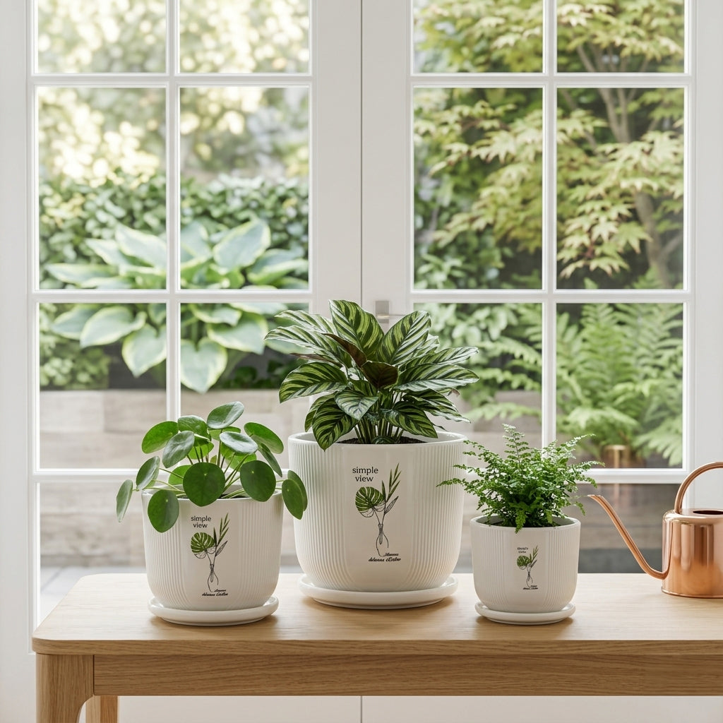 Three white ribbed ceramic planters with botanical illustrations sit on a light wood table in front of a large white-framed window. The planter arrangement includes a larger central pot with a leafy plant, a smaller left pot with a round-leaf plant, and a tiny right pot with a fern-like plant.