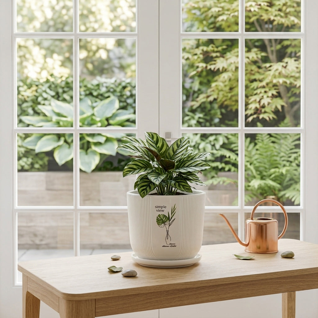 A potted houseplant in a white ribbed ceramic pot with a green botanical illustration, placed on a light wood table in front of a white-framed window. A copper-colored watering can and a few small stones are nearby, with greenery visible outside.