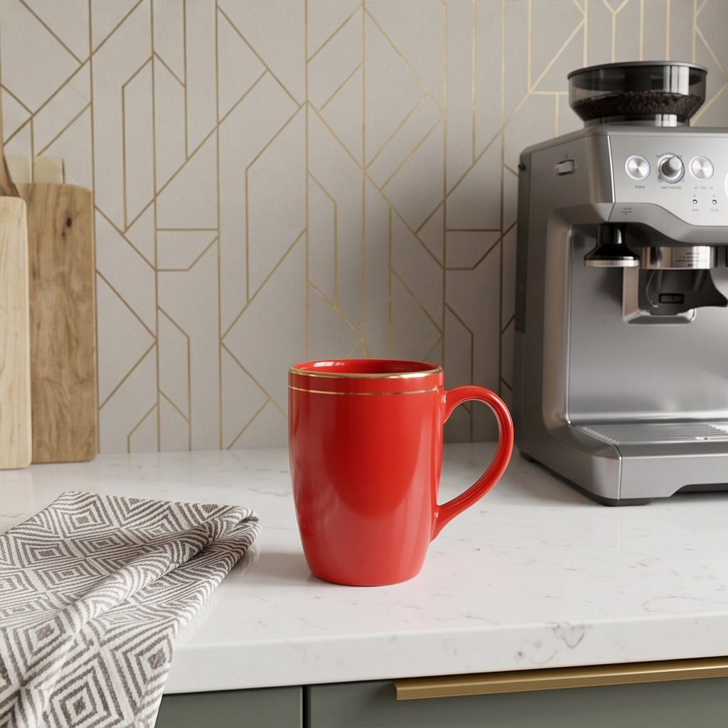 A bright red ceramic coffee mug with a thin gold rim sits on a white marble countertop in a modern kitchen setting, next to a patterned cloth and a silver espresso machine.