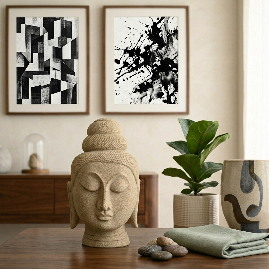 A beige stone Buddha head sculpture sits on a wooden table in a styled room setting, alongside a folded green cloth, small stones, a potted plant, and a ceramic vase. Two framed abstract prints hang on the beige wall behind.