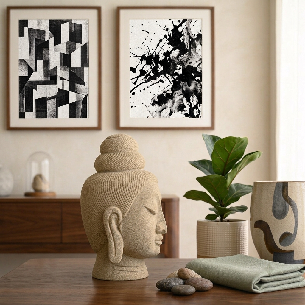 Serene Buddha Face Statue – Beige