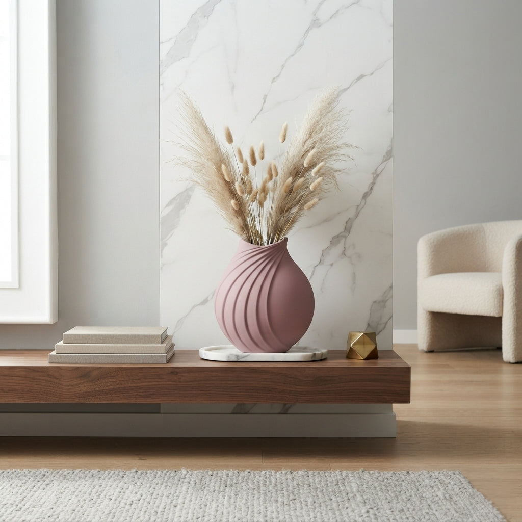 A ribbed dusty pink ceramic vase filled with dried pampas grass, styled on a wooden console table in a modern living room setting.