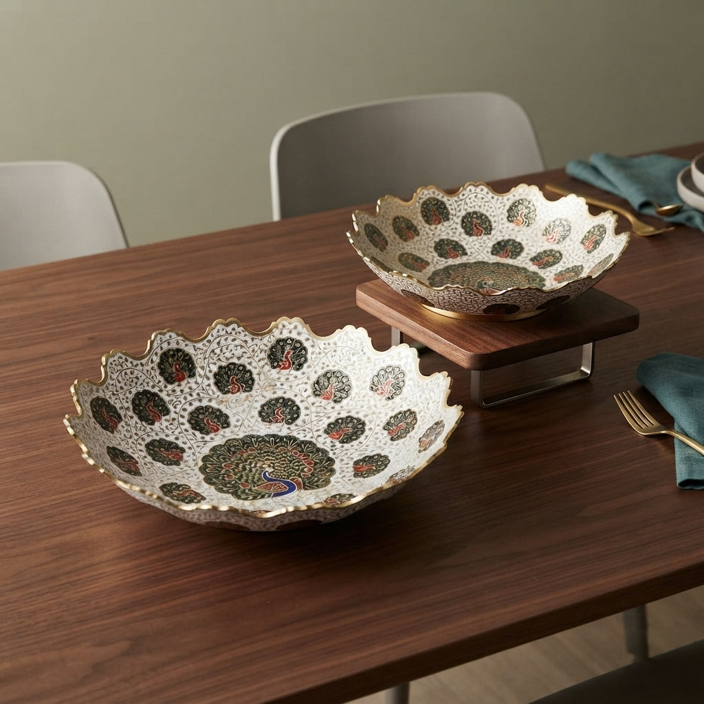 Two decorative ceramic bowls with a peacock-inspired pattern, displayed on a dark wood dining table with chairs and place settings in the background.