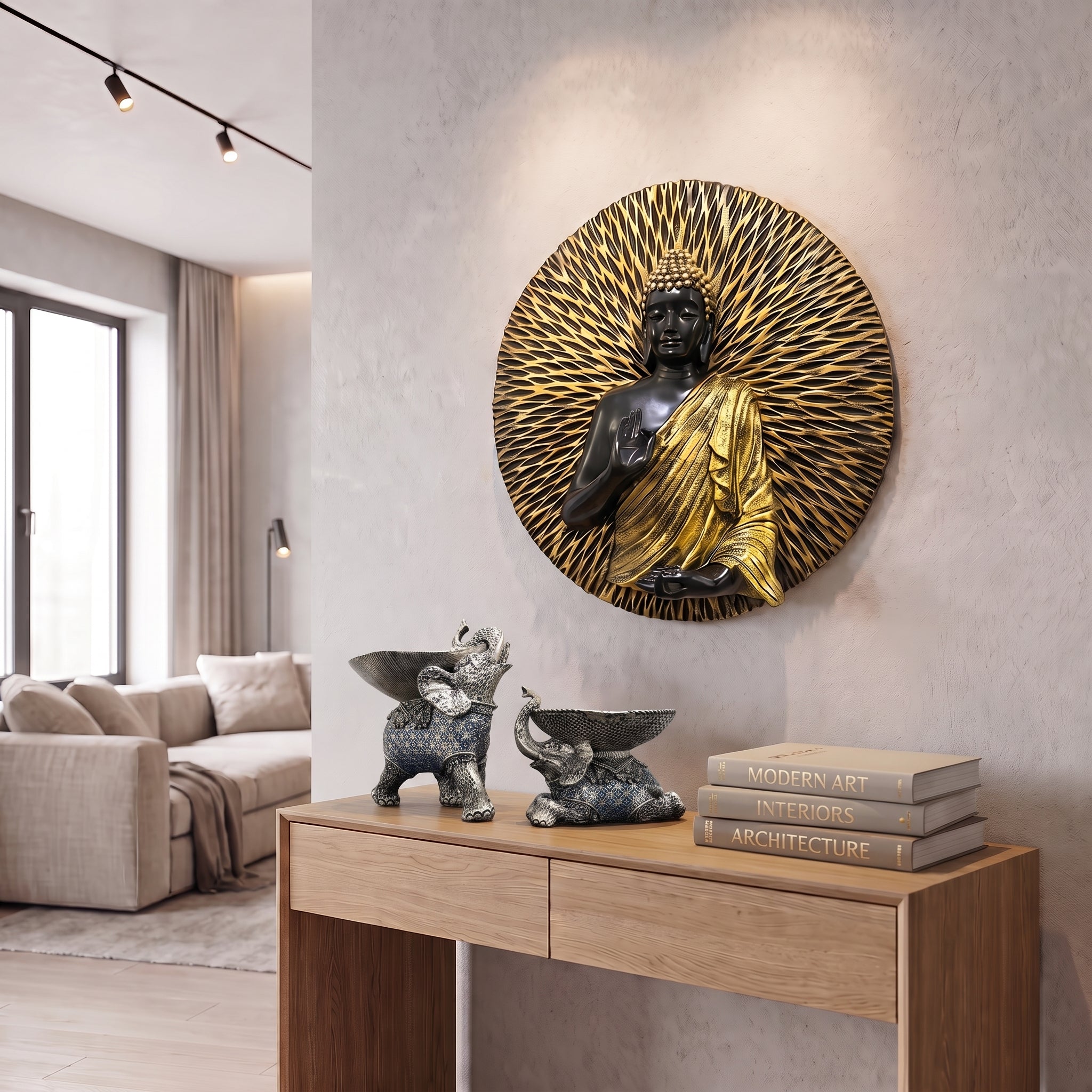A decorative wall sculpture of Buddha in a gold robe with a black halo and radiating gold lines, mounted on a textured light gray wall above a wooden console table in a modern living room setting.